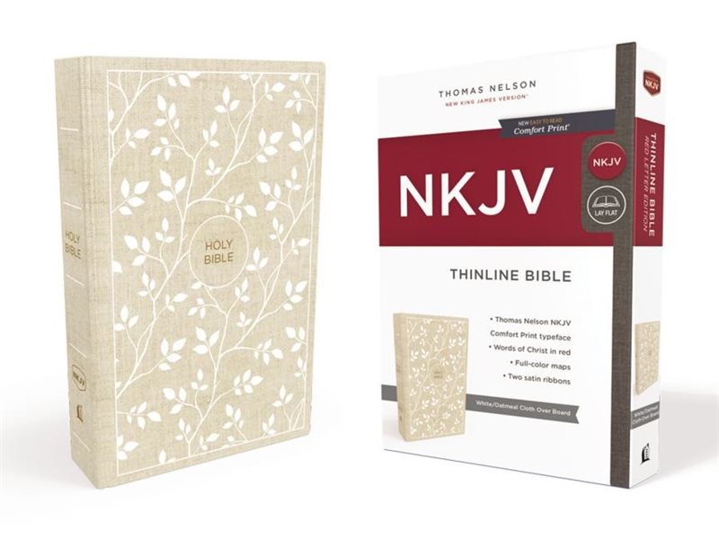 Nkjv, thinline bible, standard print, cloth over board, white/tan, red lett