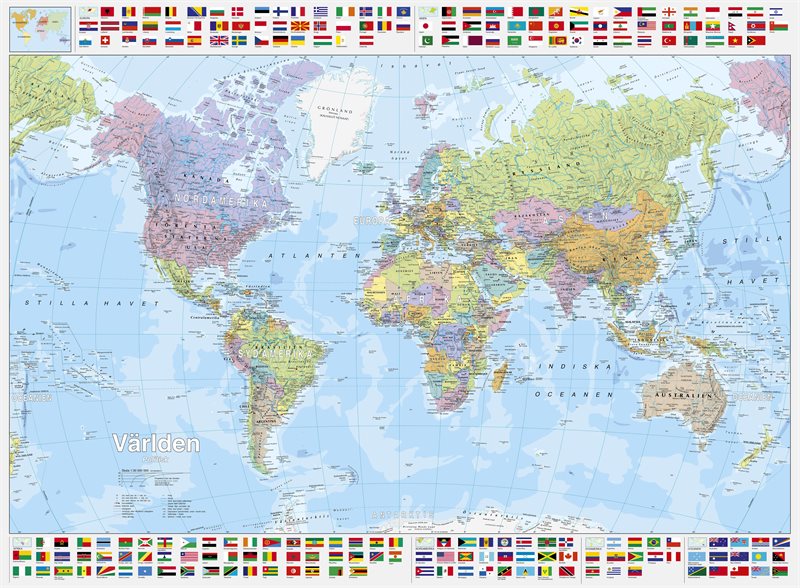 Världen väggkarta politisk med flaggor, 1:30m i papptub Kartförlaget
